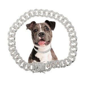 Durable Rhinestone Dog Chain Necklace Cuban Link Dog Collar, 16", Silver Tone